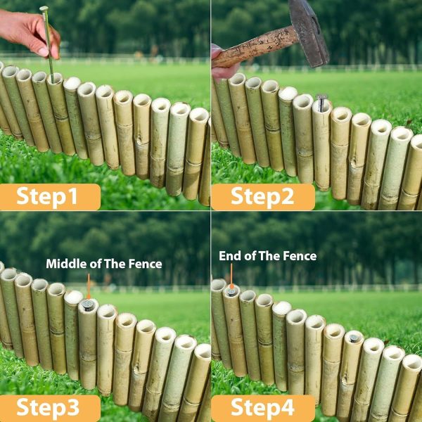 8x39in natural bamboo edging, bamboo garden border edging, outdoor landscape edging for decorative garden, patio flower garden bed, lawn, yard, pool fences ( 1pc with 3 short poles)