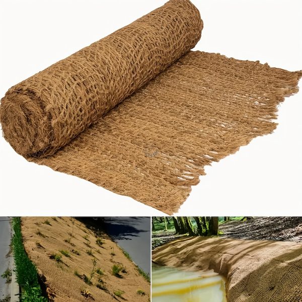 1pc, natural coir erosion control netting oversized coconut fiber slope matting, anti soil erosion, loosely woven mesh for raised bed seed mulching & agricultural use, earthy tan color, 1 roll, erosion control mesh for slope