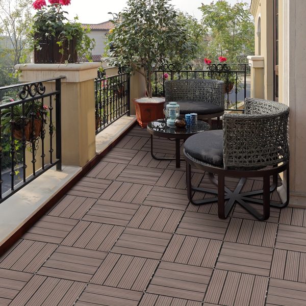 wood plastic composite deck tiles set of 20, fsc composite decking resist rust, water, weather, easy to diy & maintain, ideal for patios, balconies, rooftops, light coffee color