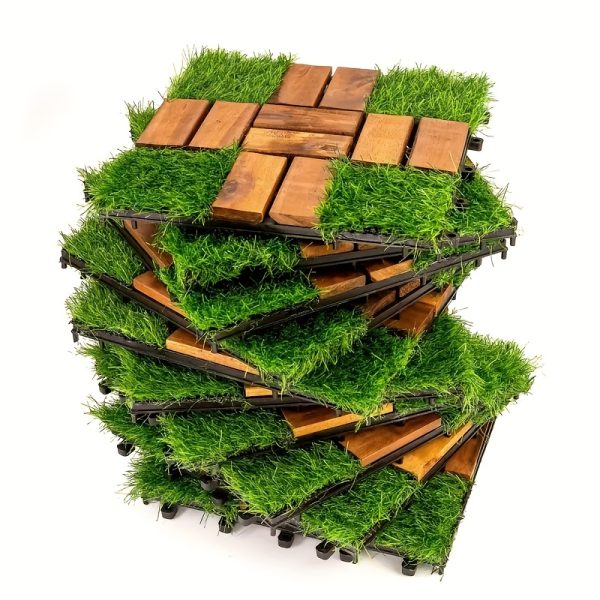 10u002f20pcs of mixed grass and terrace tiles, acacia wood interlocking flooring, 12 x 12 inches, square composite flooring, suitable for backyards, gardens, and outdoor use.