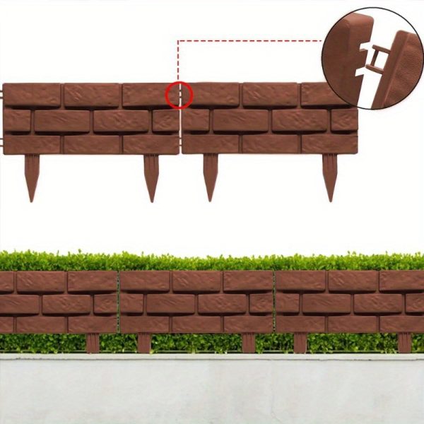 4pcs interlocking garden fence board masonry grain design, durable polypropylene weatherproof brown aesthetic for diy flower bed & vegetable garden border, quick snap installation