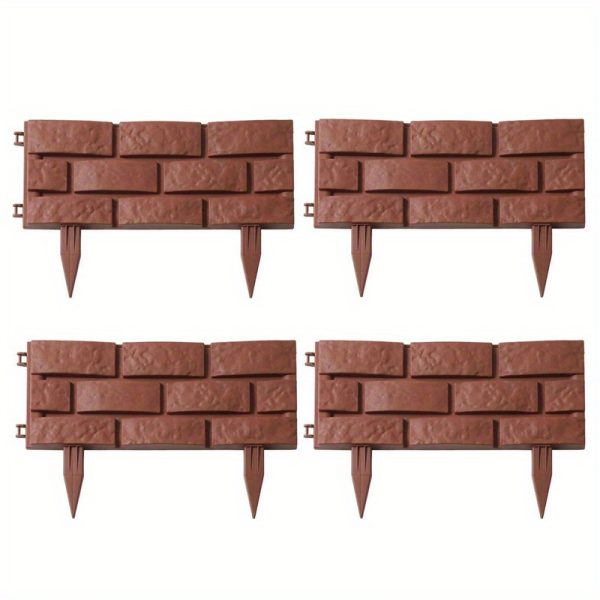 4pcs interlocking garden fence board masonry grain design, durable polypropylene weatherproof brown aesthetic for diy flower bed & vegetable garden border, quick snap installation