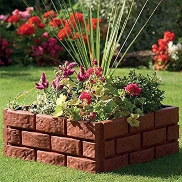 4pcs interlocking garden fence board masonry grain design, durable polypropylene weatherproof brown aesthetic for diy flower bed & vegetable garden border, quick snap installation