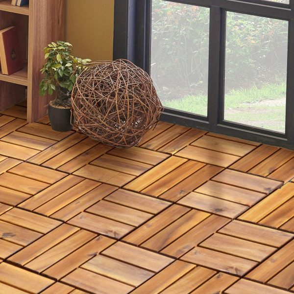 multigot 27pcs patio interlocking tiles acacia slat wood garden indoor & outdoor