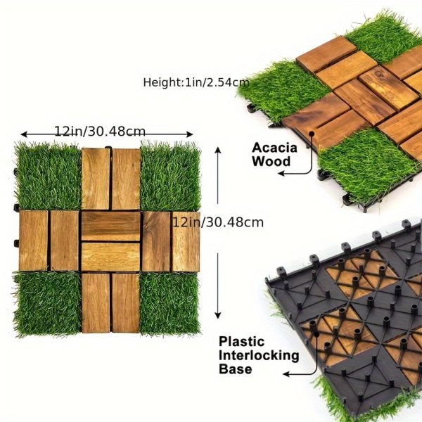 10u002f20pcs of mixed grass and terrace tiles, acacia wood interlocking flooring, 12 x 12 inches, square composite flooring, suitable for backyards, gardens, and outdoor use.