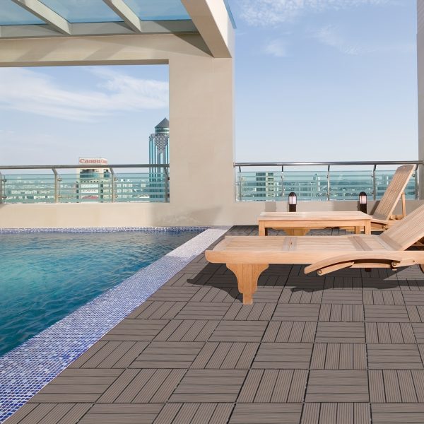 wood plastic composite deck tiles set of 20, fsc composite decking resist rust, water, weather, easy to diy & maintain, ideal for patios, balconies, rooftops, light coffee color