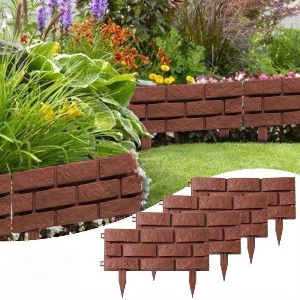4pcs interlocking garden fence board masonry grain design, durable polypropylene weatherproof brown aesthetic for diy flower bed & vegetable garden border, quick snap installation