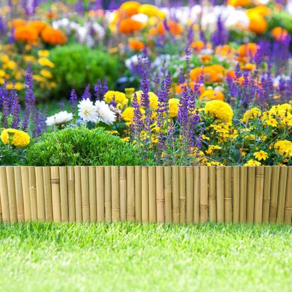 8x39in natural bamboo edging, bamboo garden border edging, outdoor landscape edging for decorative garden, patio flower garden bed, lawn, yard, pool fences ( 1pc with 3 short poles)