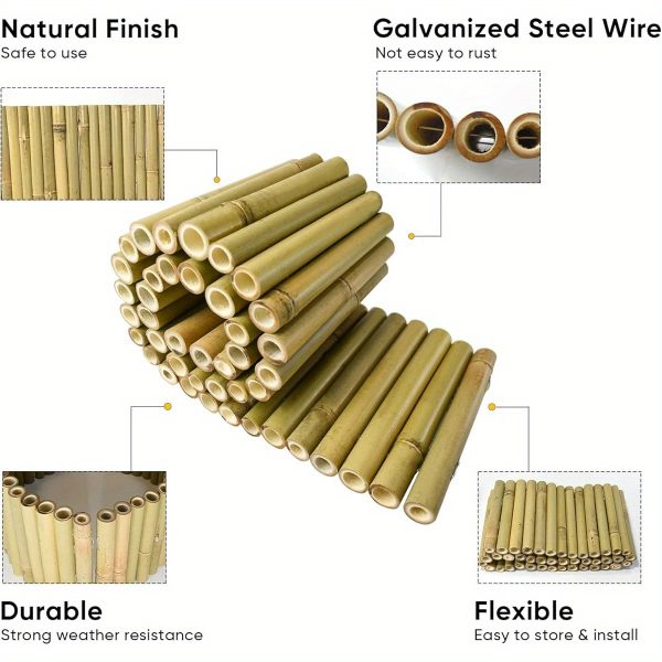 8x39in natural bamboo edging, bamboo garden border edging, outdoor landscape edging for decorative garden, patio flower garden bed, lawn, yard, pool fences ( 1pc with 3 short poles)