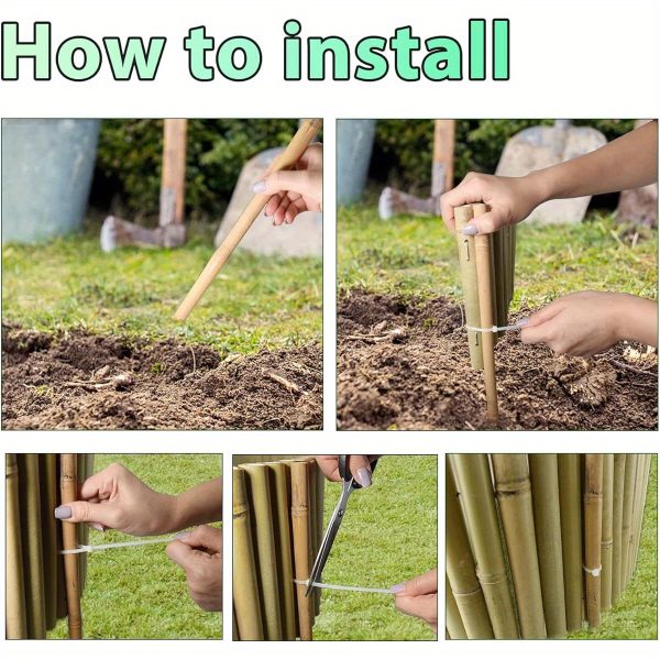8x39in natural bamboo edging, bamboo garden border edging, outdoor landscape edging for decorative garden, patio flower garden bed, lawn, yard, pool fences ( 1pc with 3 short poles)