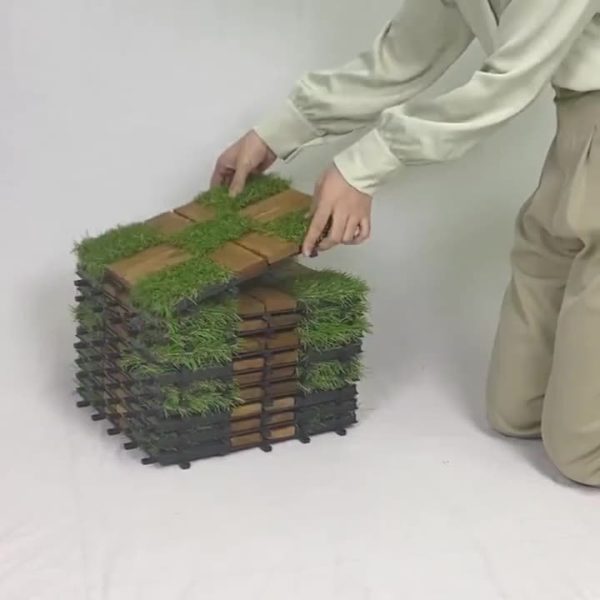 10u002f20pcs of mixed grass and terrace tiles, acacia wood interlocking flooring, 12 x 12 inches, square composite flooring, suitable for backyards, gardens, and outdoor use.