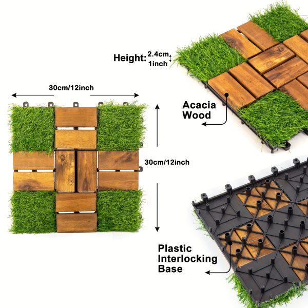 10pcs 12 inch x 12 inch acacia wood interlocking flooring tiles grass deck tile green 20 pins