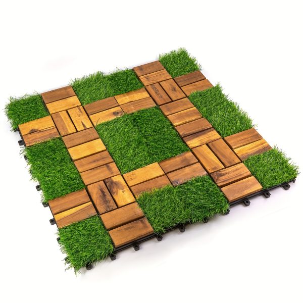 10pcs 12 inch x 12 inch acacia wood interlocking flooring tiles grass deck tile green 20 pins