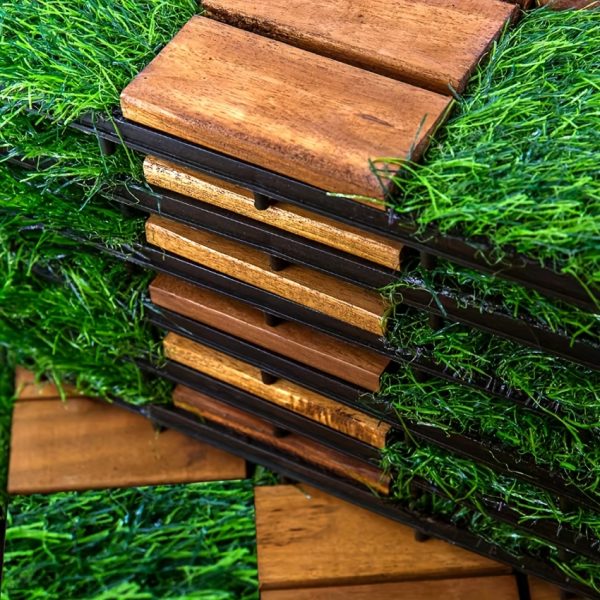10u002f20pcs of mixed grass and terrace tiles, acacia wood interlocking flooring, 12 x 12 inches, square composite flooring, suitable for backyards, gardens, and outdoor use.