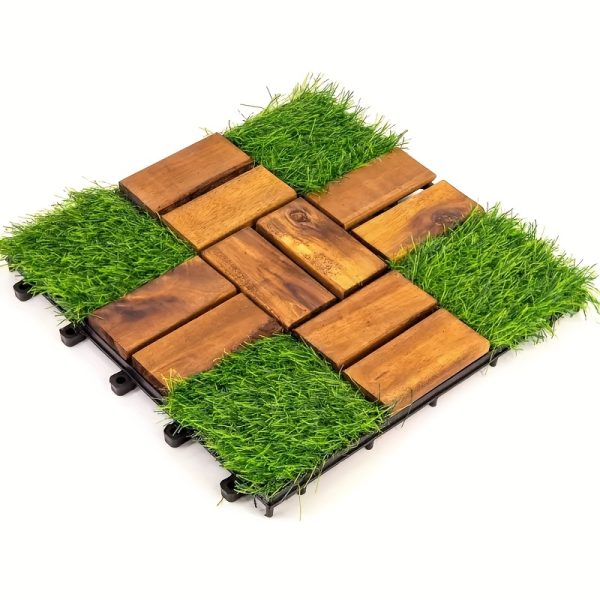 10u002f20pcs of mixed grass and terrace tiles, acacia wood interlocking flooring, 12 x 12 inches, square composite flooring, suitable for backyards, gardens, and outdoor use.